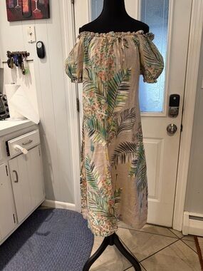Valentina Beige Off-Shoulder Midi Dress with Tropical Leaf Print